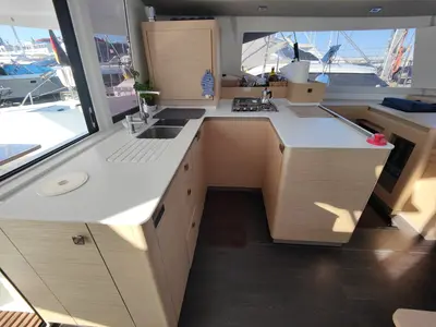 Galley of Rossa, a Fountaine Pajot Astrea 42 catamaran at Palermo, Italy