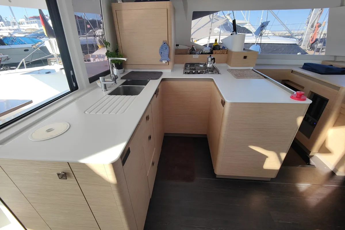 Galley of Rossa, a Fountaine Pajot Astrea 42 catamaran at Palermo, Italy