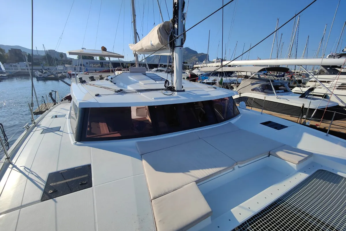 Deck of Rossa, a Fountaine Pajot Astrea 42 catamaran at Palermo, Italy