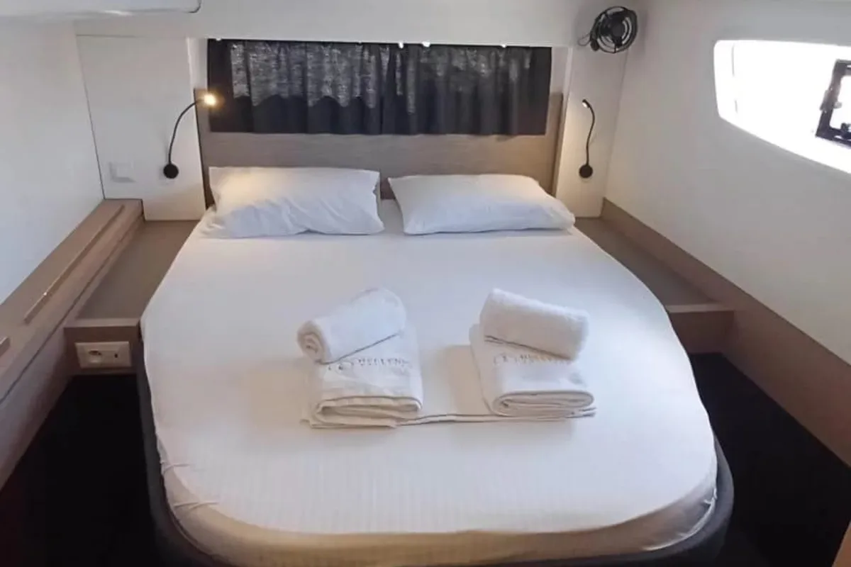Cabin on Rossa, a Fountaine Pajot Astrea 42 catamaran at Palermo, Italy