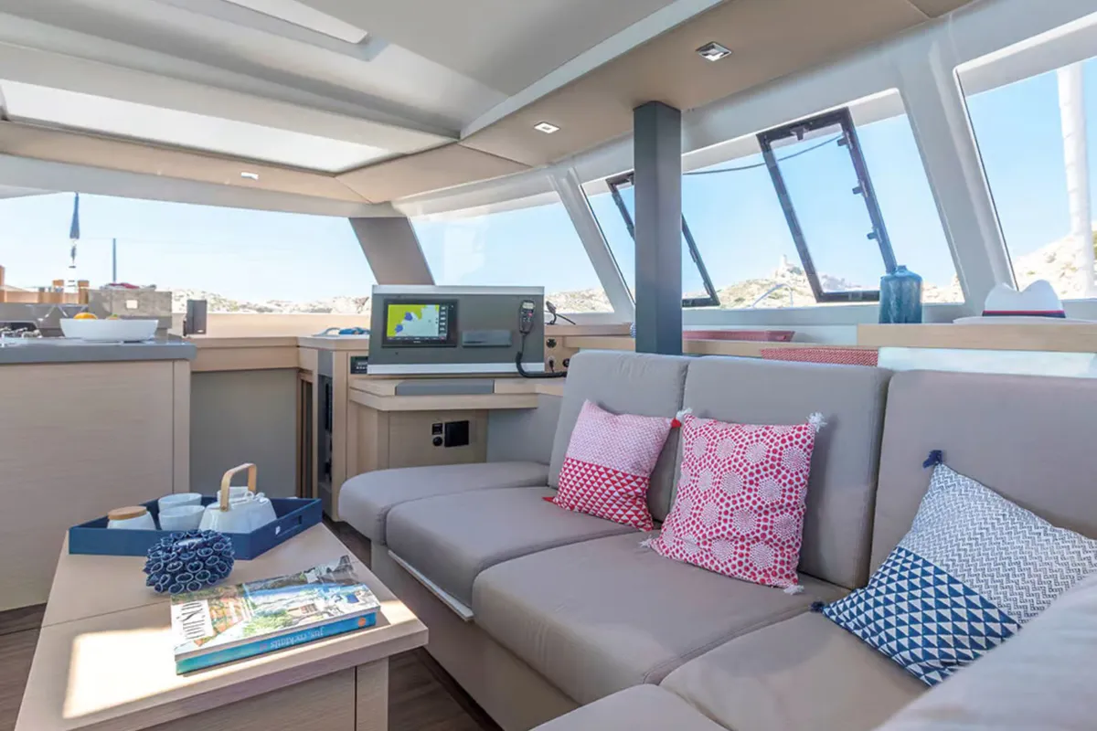 Salon of Rossa, a Fountaine Pajot Astrea 42 catamaran at Palermo, Italy