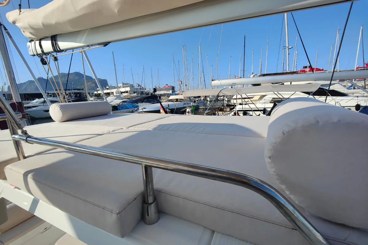 Deck of Rossa, a Fountaine Pajot Astrea 42 catamaran at Palermo, Italy