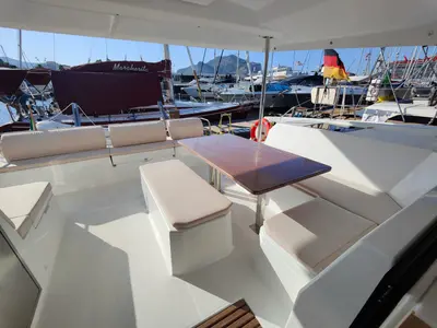 Deck of Rossa, a Fountaine Pajot Astrea 42 catamaran at Palermo, Italy
