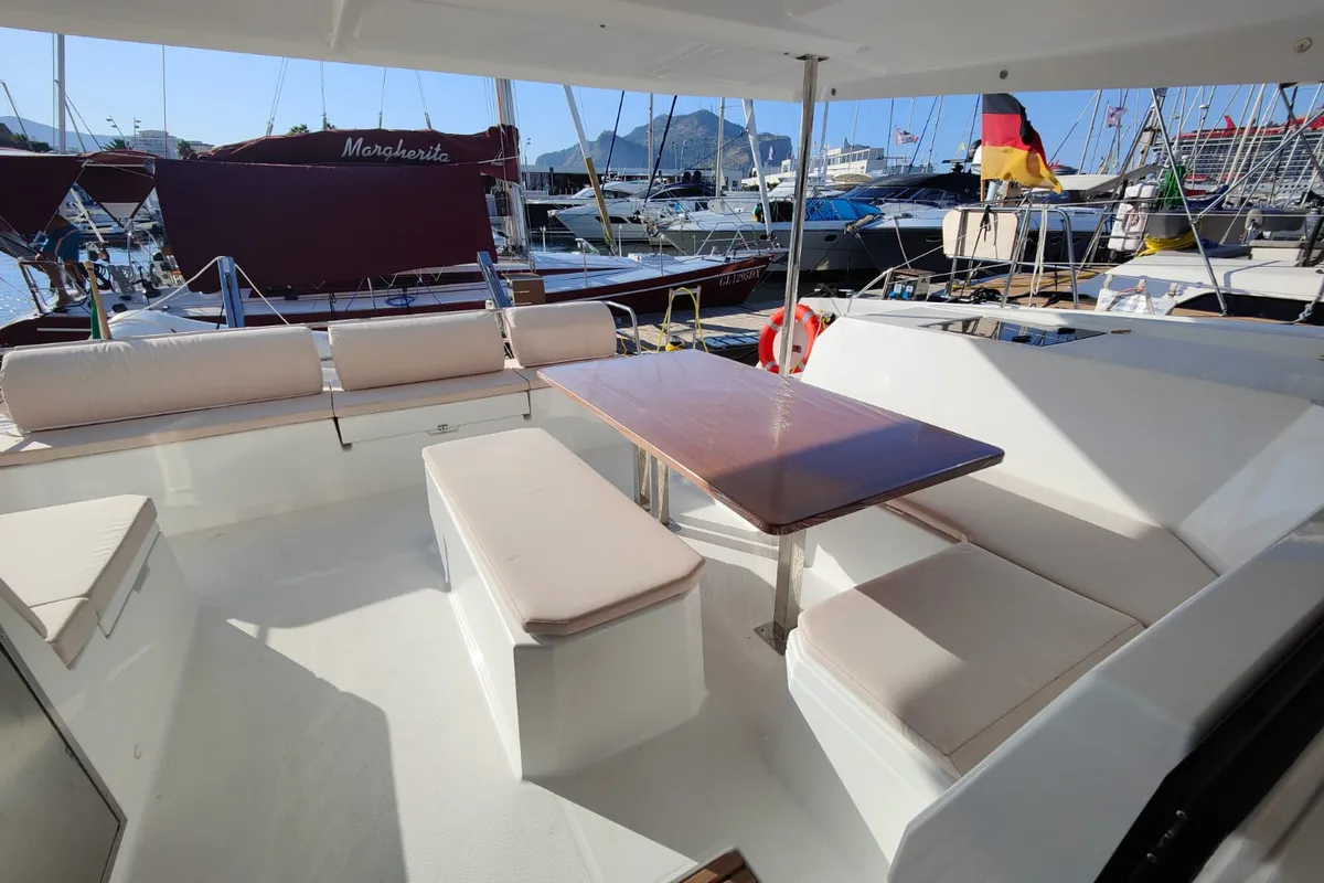 Deck of Rossa, a Fountaine Pajot Astrea 42 catamaran at Palermo, Italy