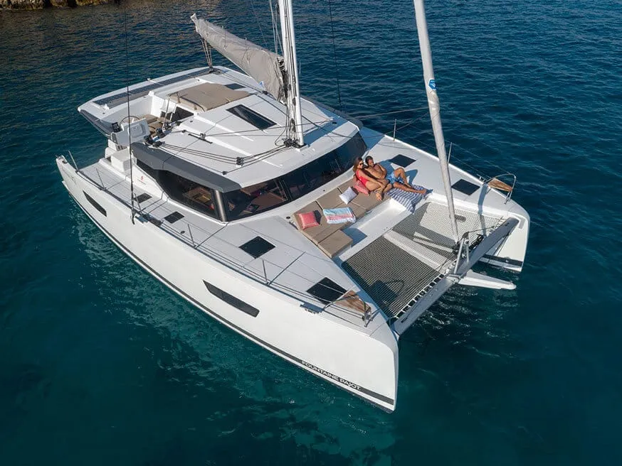 Exterior view of Rossa, a Fountaine Pajot Astrea 42 catamaran at Palermo, Italy