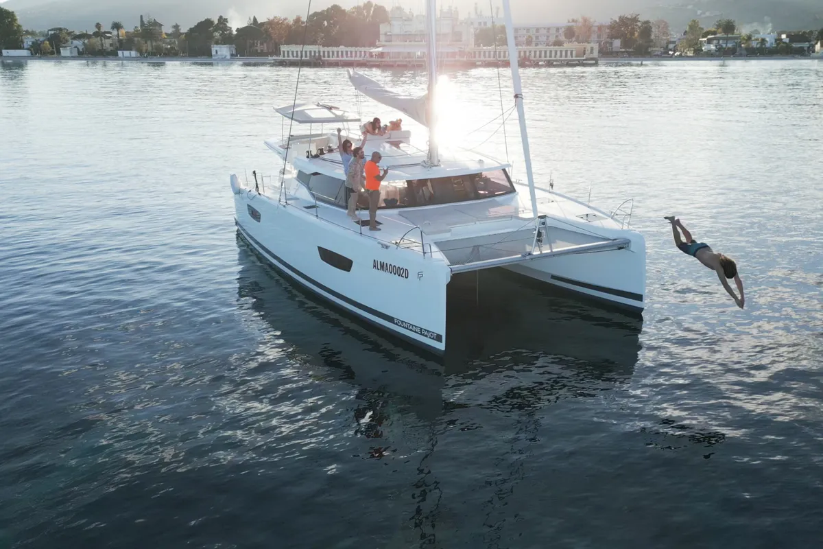 Exterior view of Rossa, a Fountaine Pajot Astrea 42 catamaran at Palermo, Italy