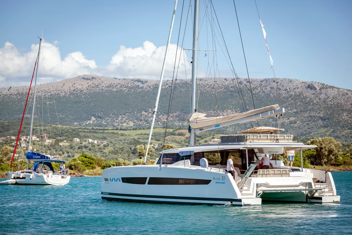 Exterior view of Gentle Giant, a Fountaine Pajot Aura 51 catamaran at Lefkada, Greece