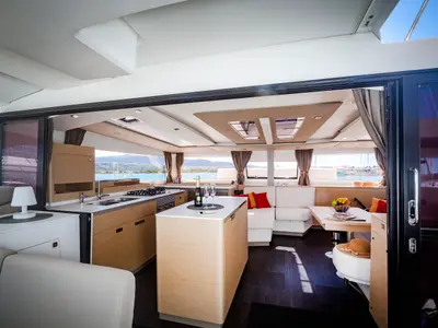Salon of Gentle Giant, a Fountaine Pajot Aura 51 catamaran at Lefkada, Greece