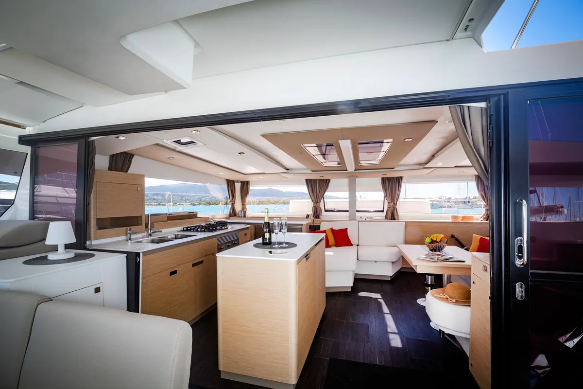 Salon of Gentle Giant, a Fountaine Pajot Aura 51 catamaran at Lefkada, Greece