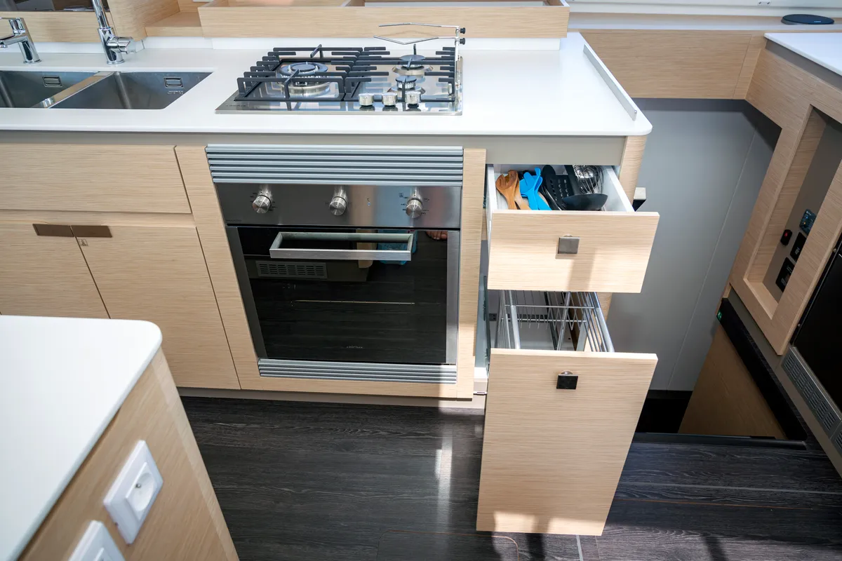 Galley of Gentle Giant, a Fountaine Pajot Aura 51 catamaran at Lefkada, Greece