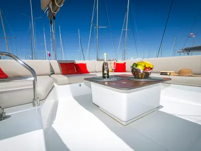 Deck of Gentle Giant, a Fountaine Pajot Aura 51 catamaran at Lefkada, Greece