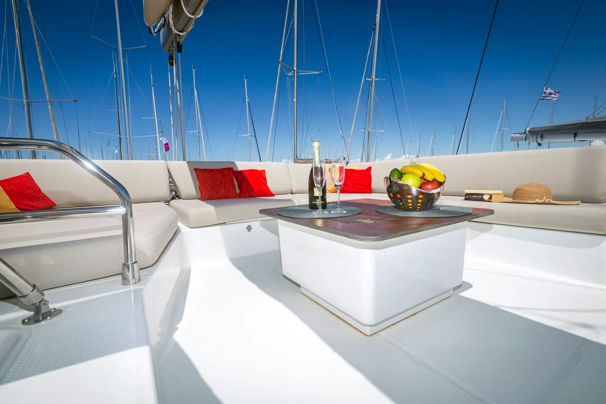 Deck of Gentle Giant, a Fountaine Pajot Aura 51 catamaran at Lefkada, Greece