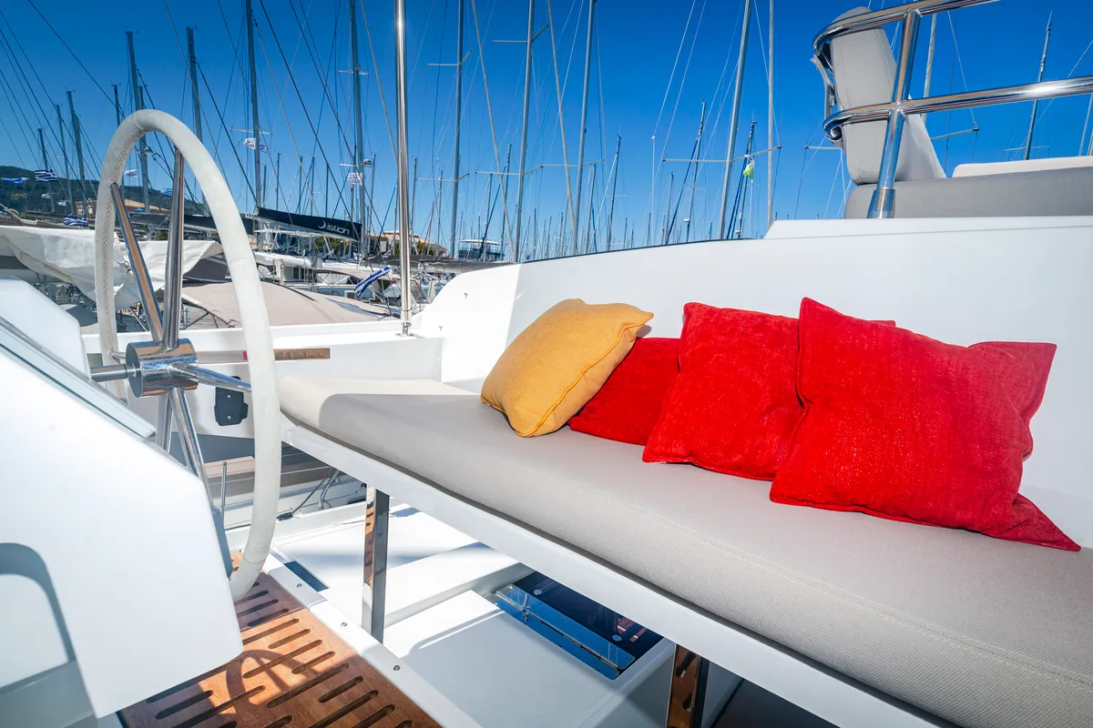 Deck of Gentle Giant, a Fountaine Pajot Aura 51 catamaran at Lefkada, Greece