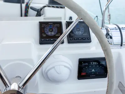 Cockpit of Gentle Giant, a Fountaine Pajot Aura 51 catamaran at Lefkada, Greece