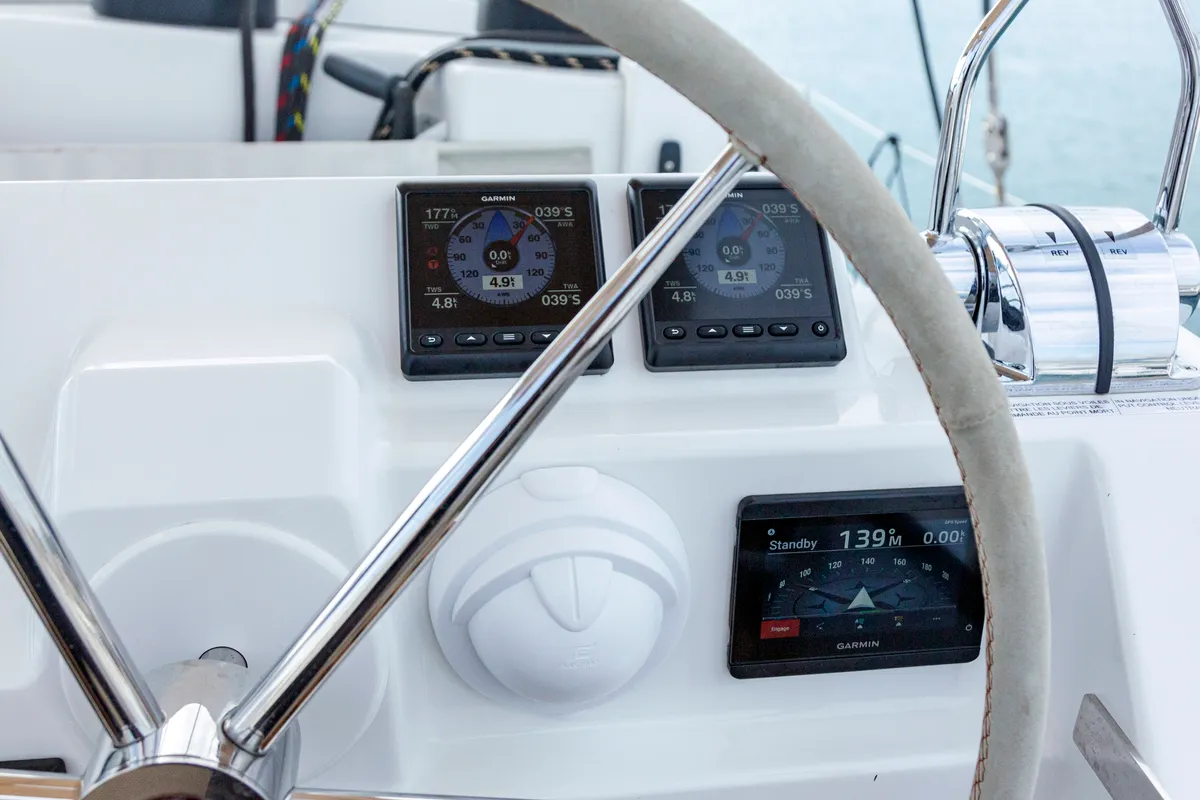 Cockpit of Gentle Giant, a Fountaine Pajot Aura 51 catamaran at Lefkada, Greece