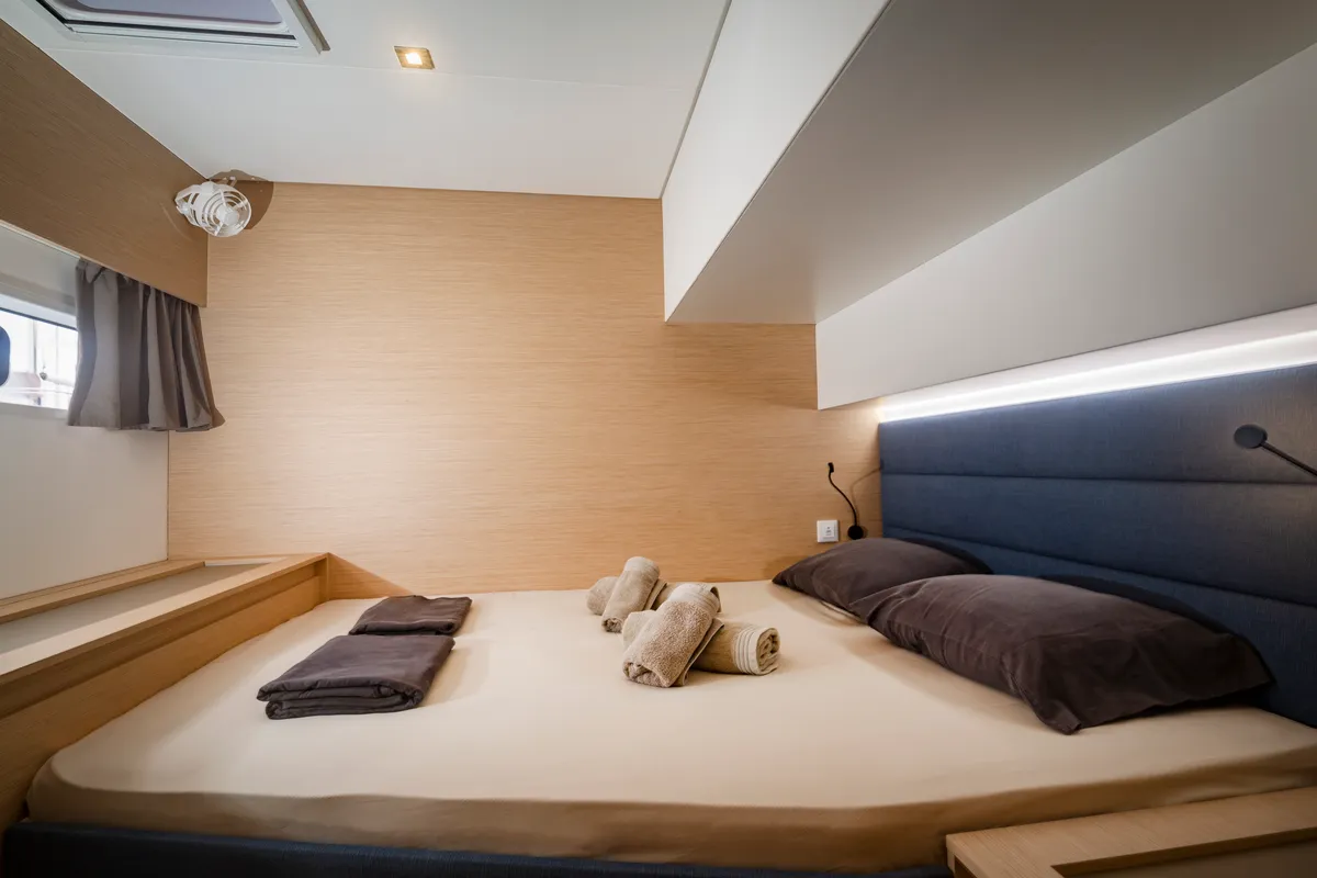 Cabin on Gentle Giant, a Fountaine Pajot Aura 51 catamaran at Lefkada, Greece
