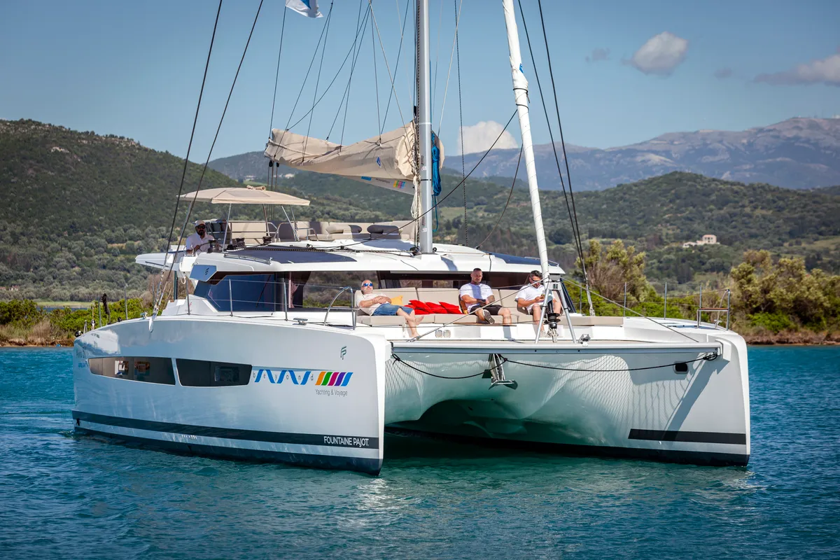 Exterior view of Gentle Giant, a Fountaine Pajot Aura 51 catamaran at Lefkada, Greece