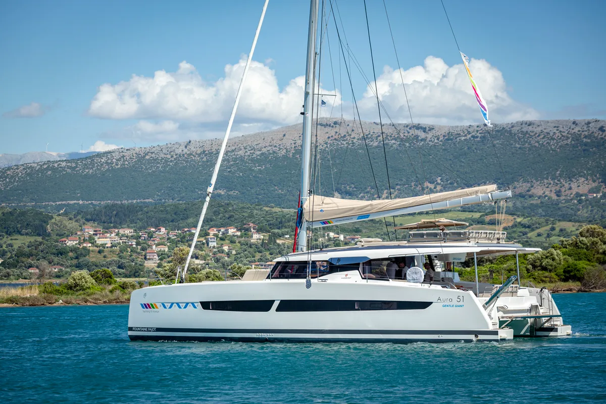 Exterior view of Gentle Giant, a Fountaine Pajot Aura 51 catamaran at Lefkada, Greece