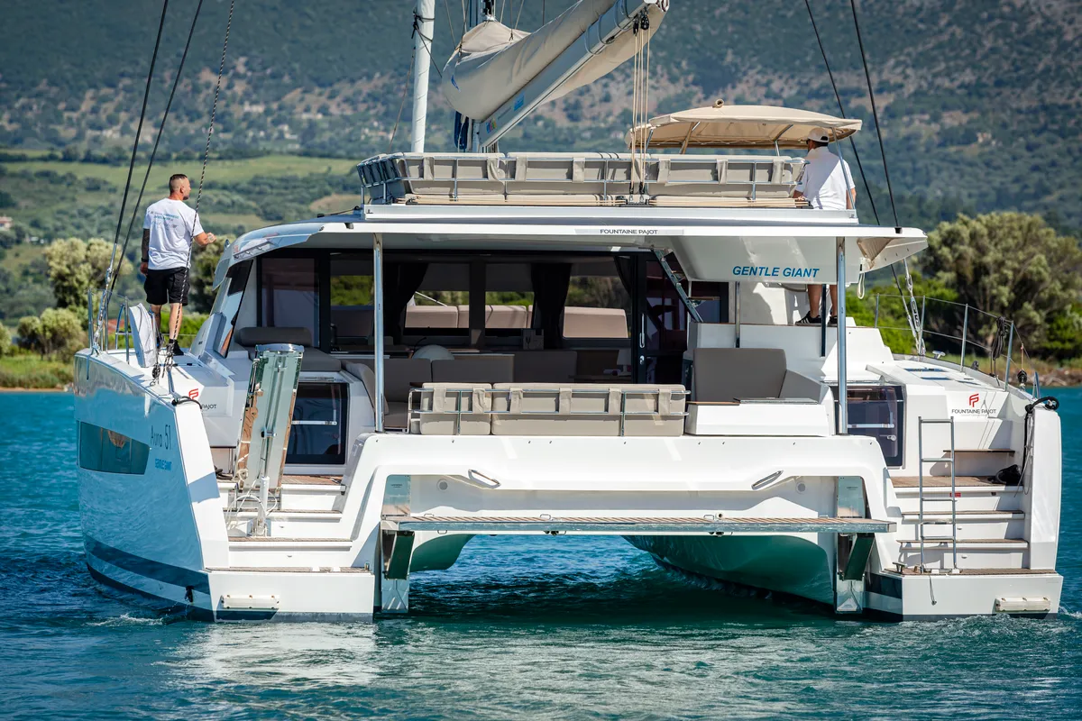 Exterior view of Gentle Giant, a Fountaine Pajot Aura 51 catamaran at Lefkada, Greece
