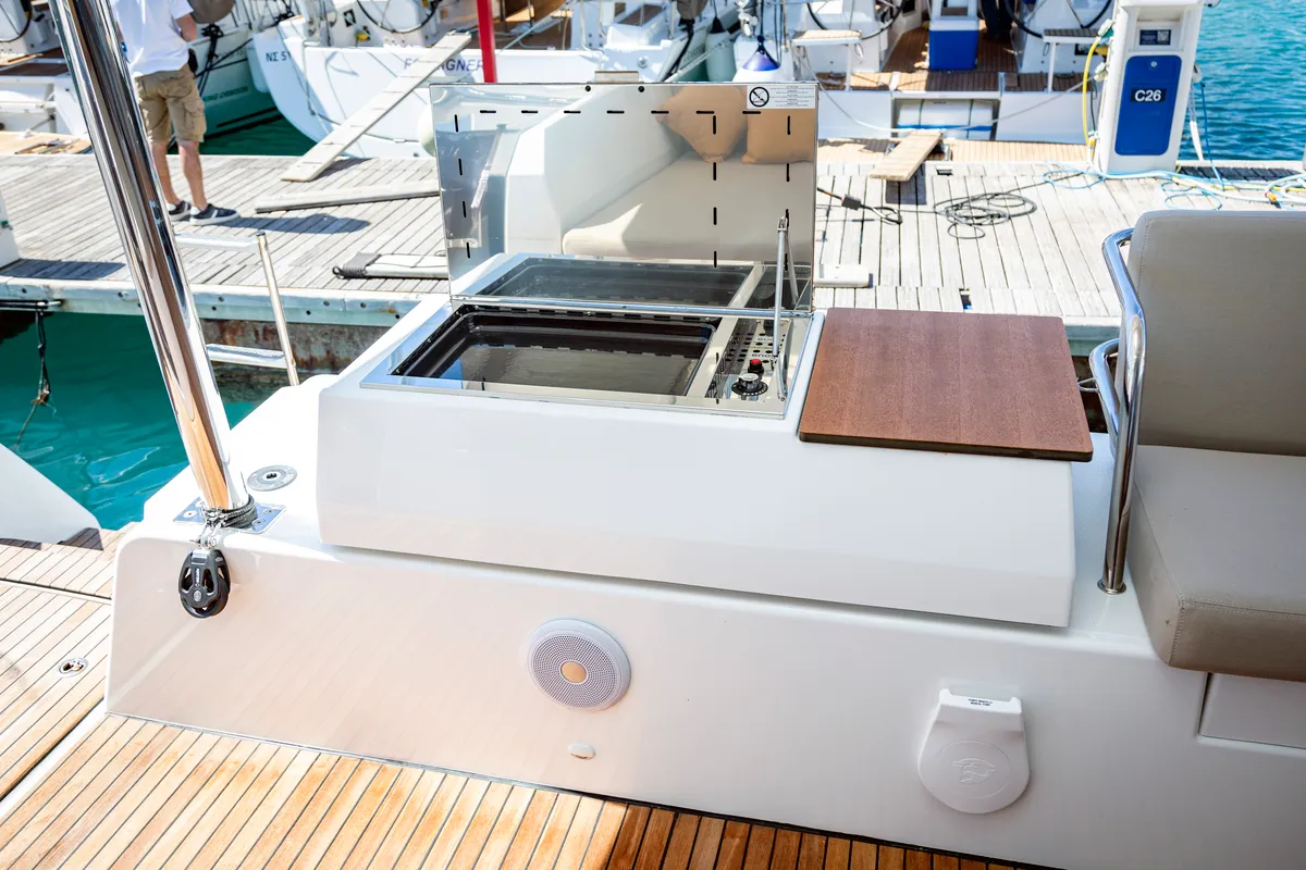 Deck of Gentle Giant, a Fountaine Pajot Aura 51 catamaran at Lefkada, Greece