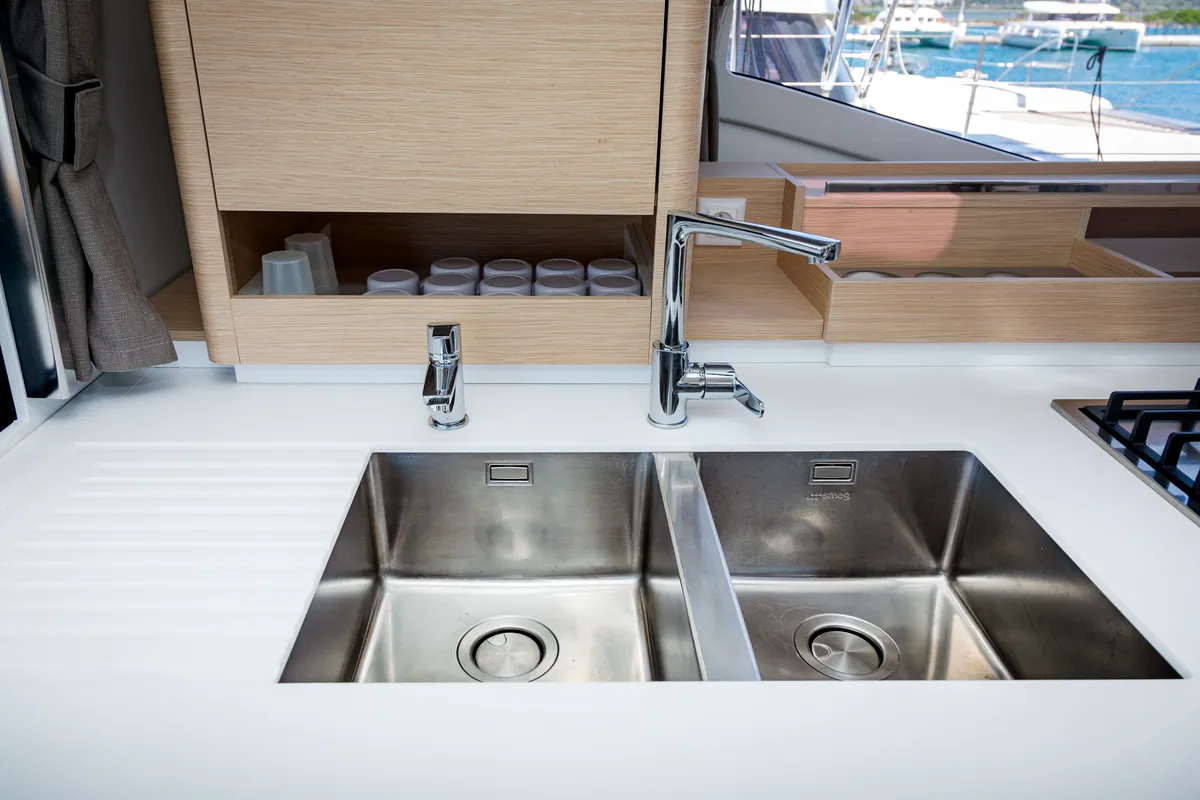 Galley of Gentle Giant, a Fountaine Pajot Aura 51 catamaran at Lefkada, Greece