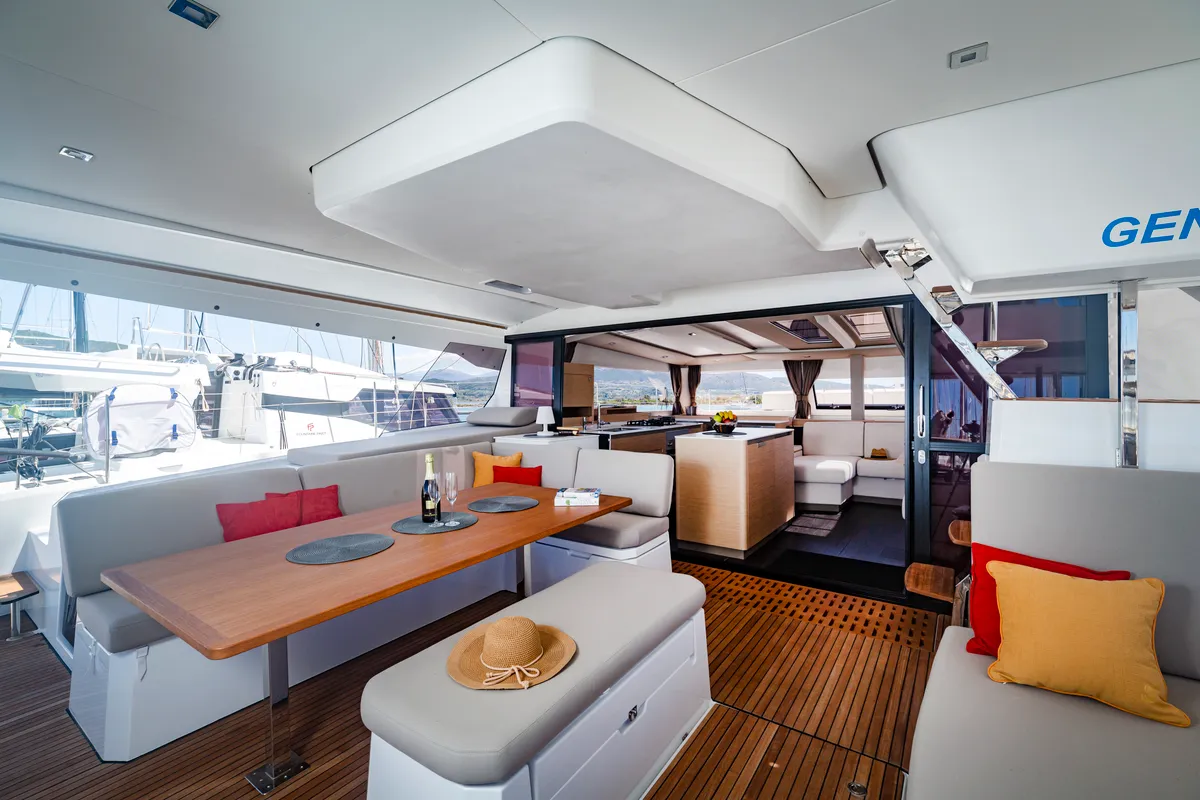 Deck of Gentle Giant, a Fountaine Pajot Aura 51 catamaran at Lefkada, Greece