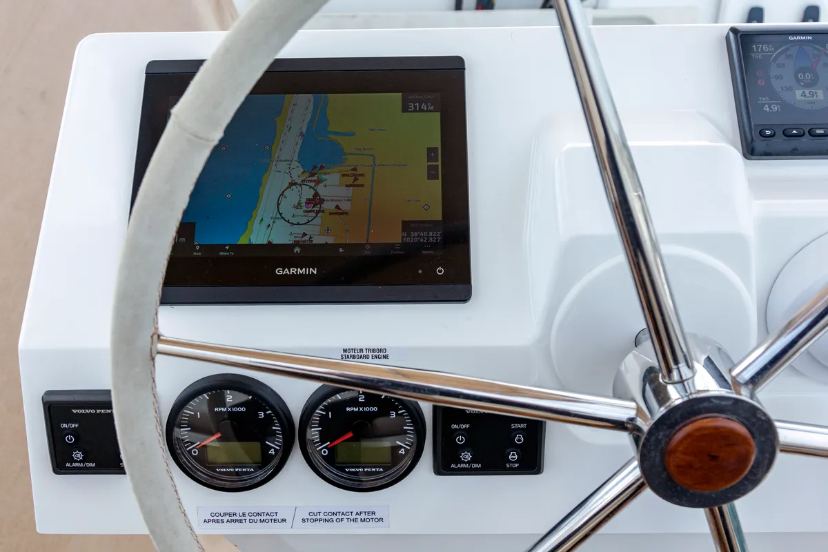 Cockpit of Gentle Giant, a Fountaine Pajot Aura 51 catamaran at Lefkada, Greece