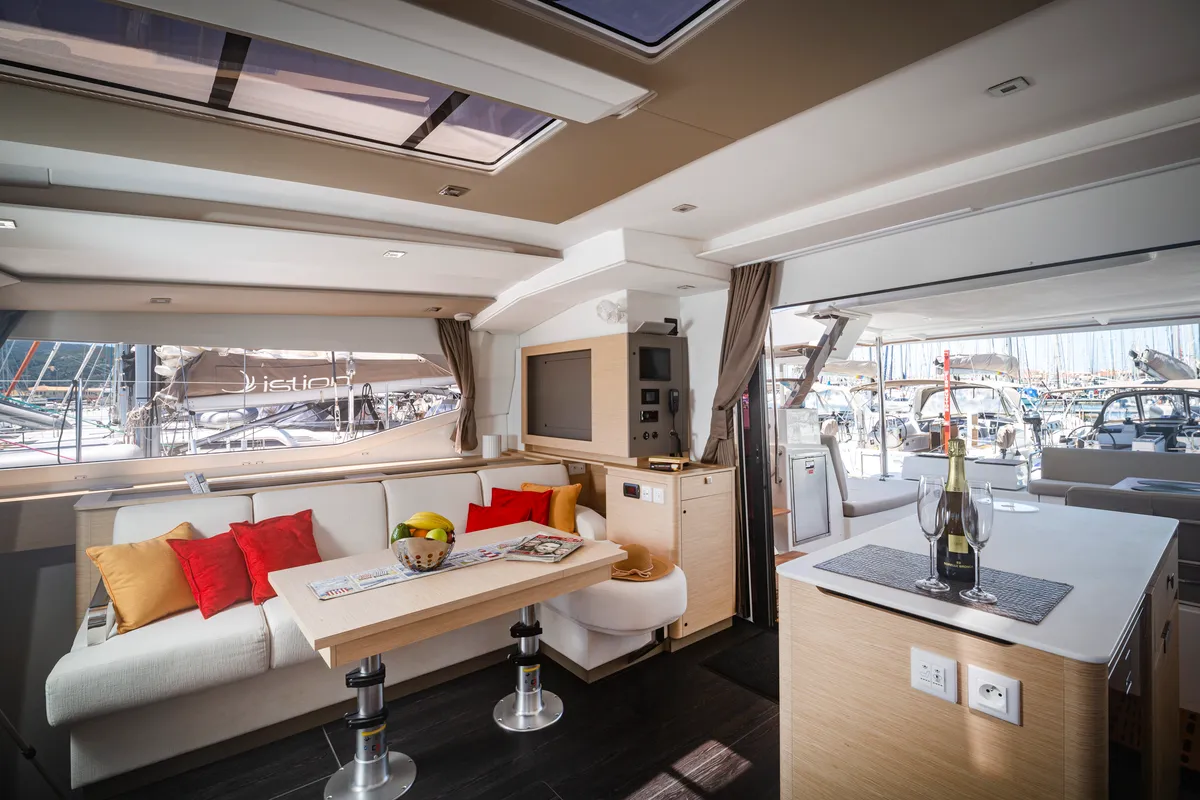 Salon of Gentle Giant, a Fountaine Pajot Aura 51 catamaran at Lefkada, Greece