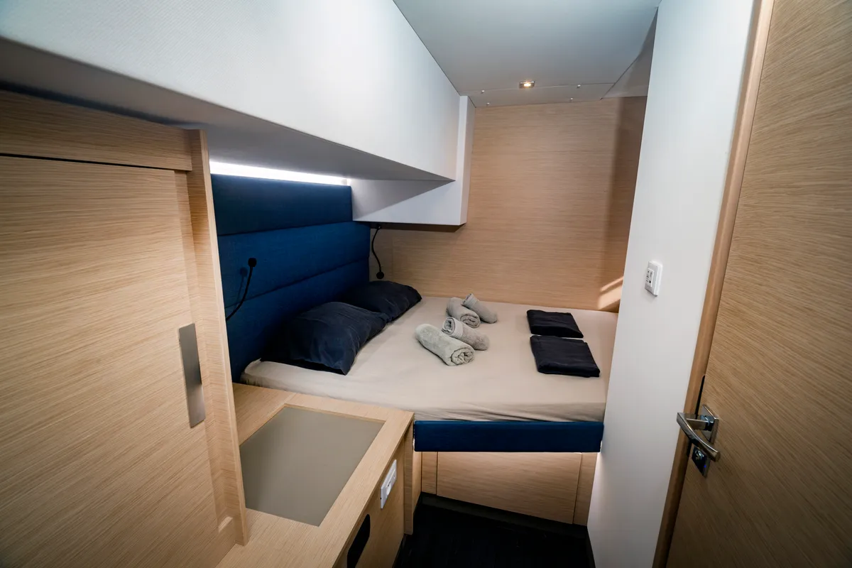 Cabin on Gentle Giant, a Fountaine Pajot Aura 51 catamaran at Lefkada, Greece