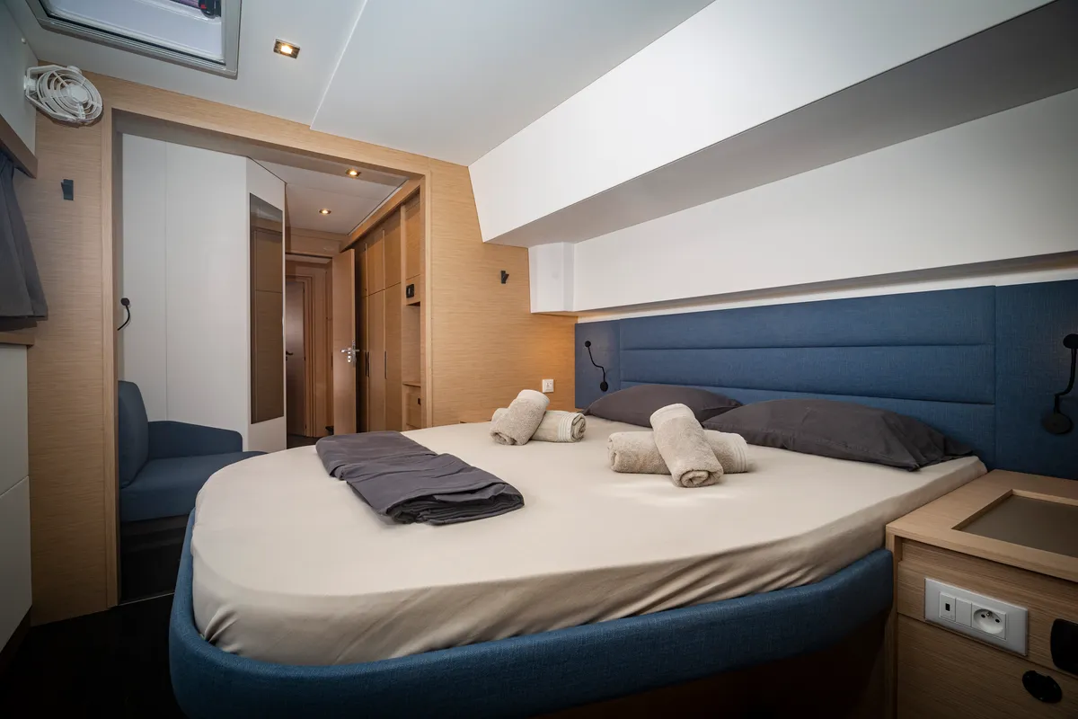Cabin on Gentle Giant, a Fountaine Pajot Aura 51 catamaran at Lefkada, Greece