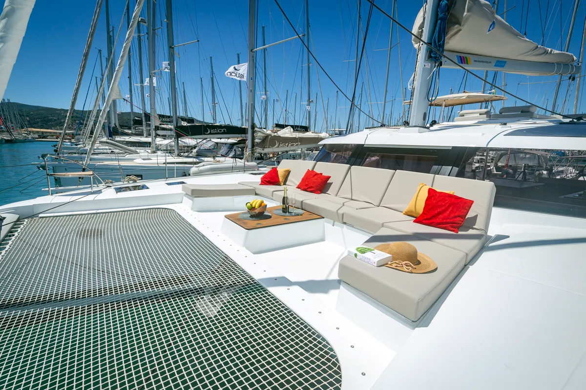 Deck of Gentle Giant, a Fountaine Pajot Aura 51 catamaran at Lefkada, Greece
