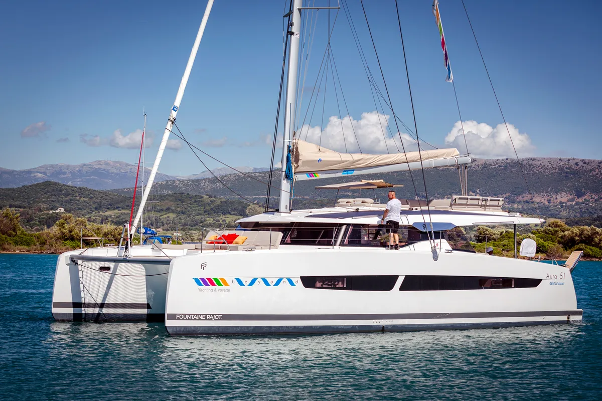 Exterior view of Gentle Giant, a Fountaine Pajot Aura 51 catamaran at Lefkada, Greece