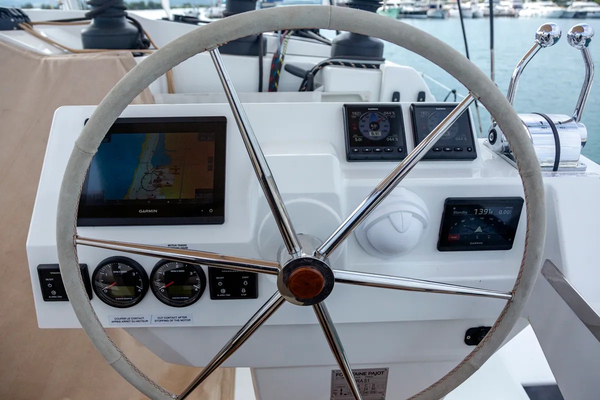 Cockpit of Gentle Giant, a Fountaine Pajot Aura 51 catamaran at Lefkada, Greece