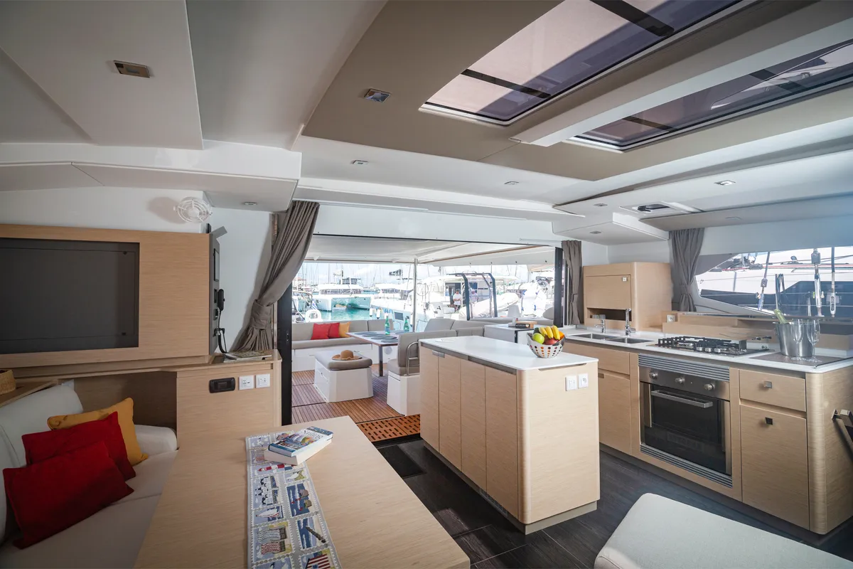 Salon of Gentle Giant, a Fountaine Pajot Aura 51 catamaran at Lefkada, Greece
