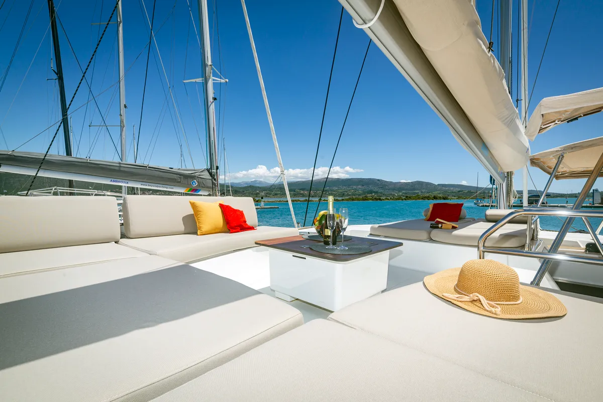 Deck of Gentle Giant, a Fountaine Pajot Aura 51 catamaran at Lefkada, Greece
