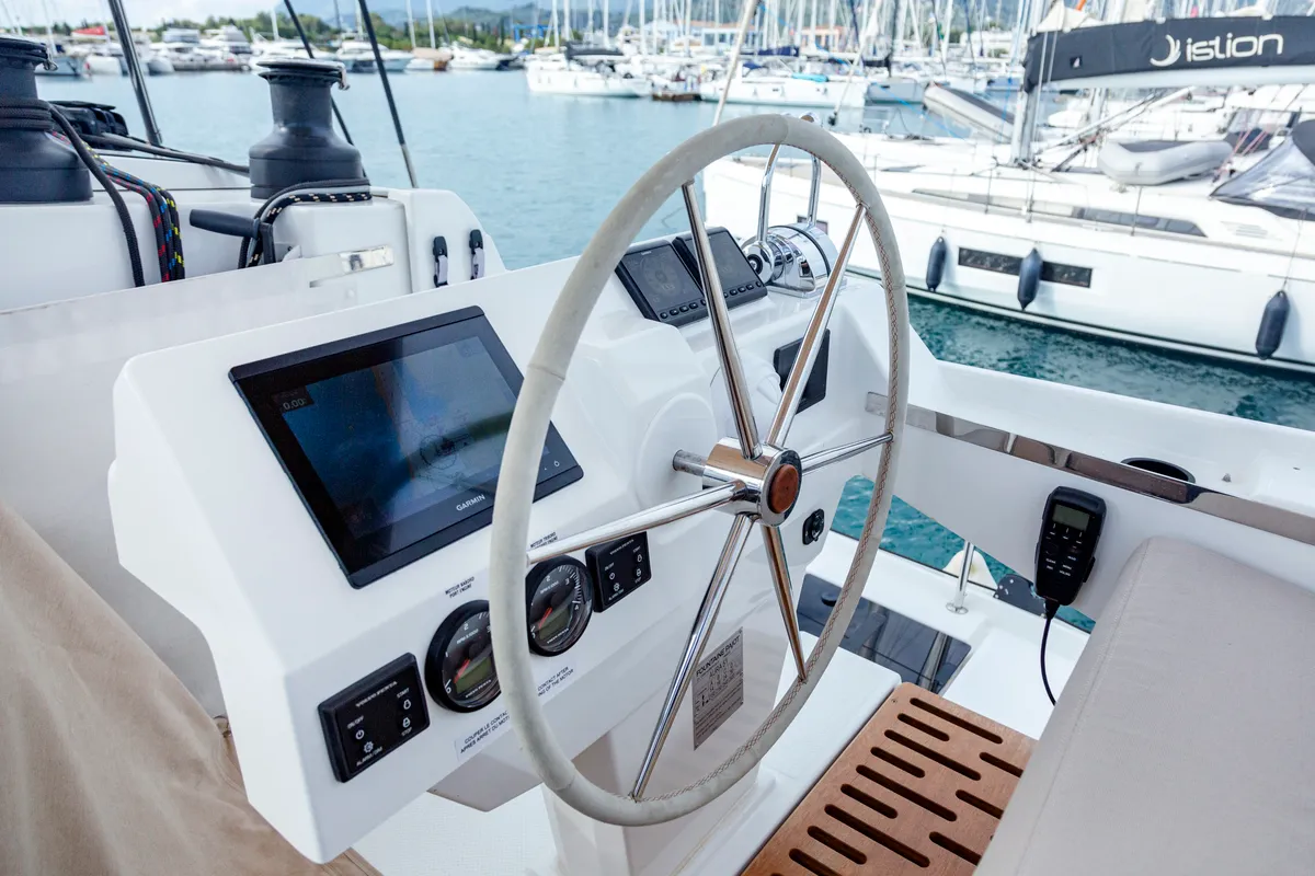 Cockpit of Gentle Giant, a Fountaine Pajot Aura 51 catamaran at Lefkada, Greece
