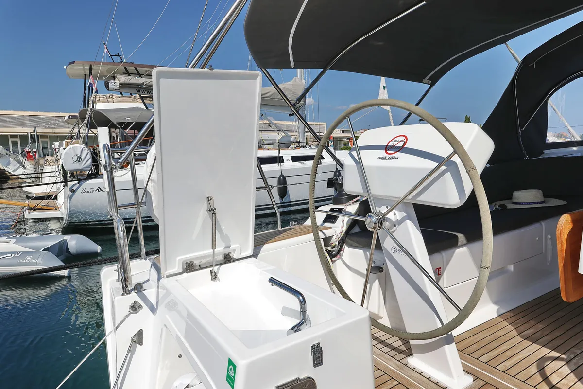 Cockpit of Tortuga, a Hanse 458 sailboat at Općina Sukošan, Croatia
