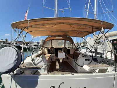 Cockpit of Notus, a Dufour 382 GL sailboat at Tonnarella, Italy