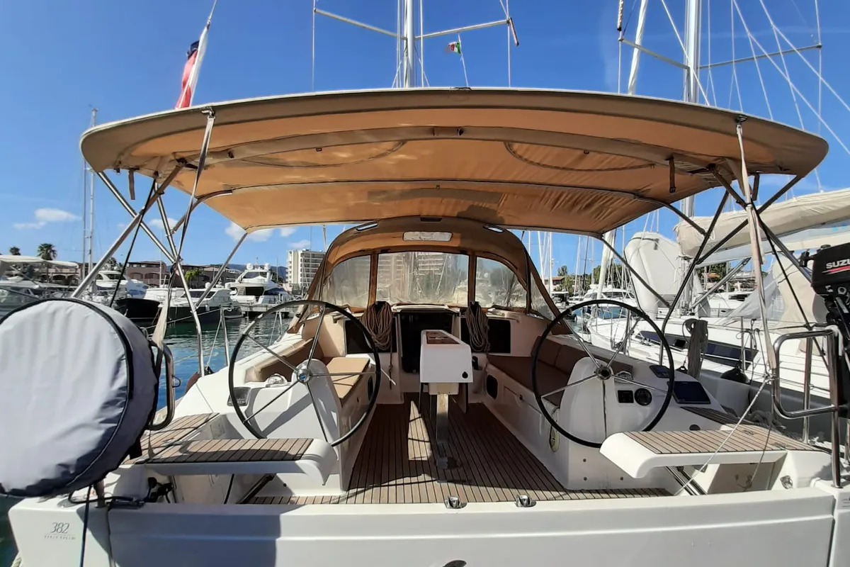 Cockpit of Notus, a Dufour 382 GL sailboat at Tonnarella, Italy