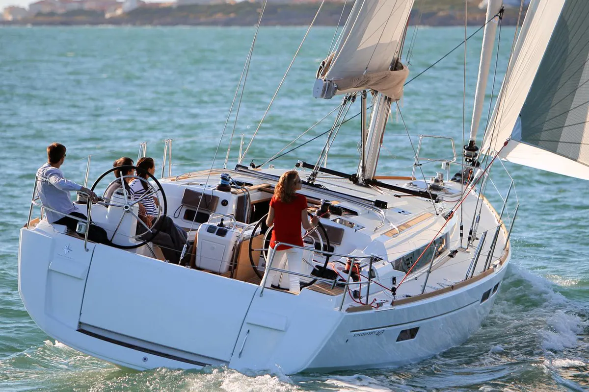Exterior view of Alexandra, a Jeanneau Sun Odyssey 469 sailboat at Athens, Greece