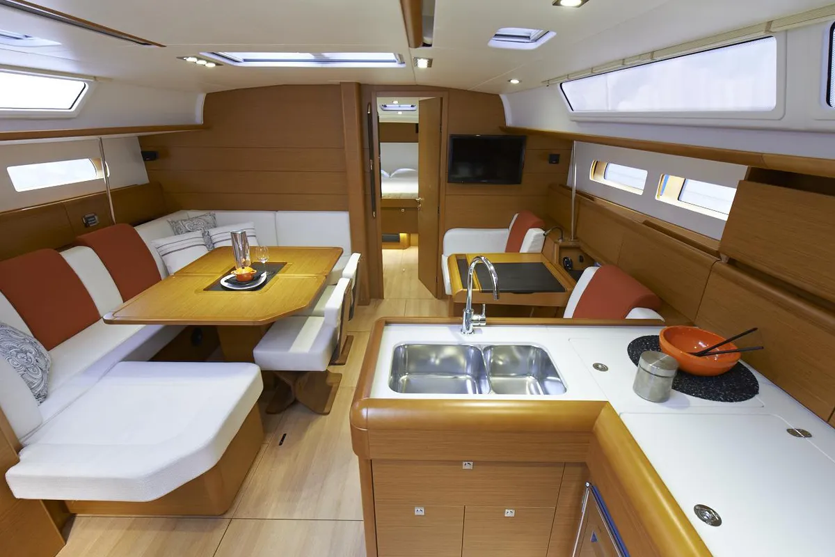 Salon of Alexandra, a Jeanneau Sun Odyssey 469 sailboat at Athens, Greece