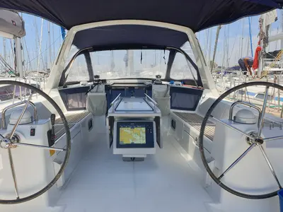 Cockpit of Ecstasea, a Beneteau Oceanis 41 sailboat at Athens, Greece