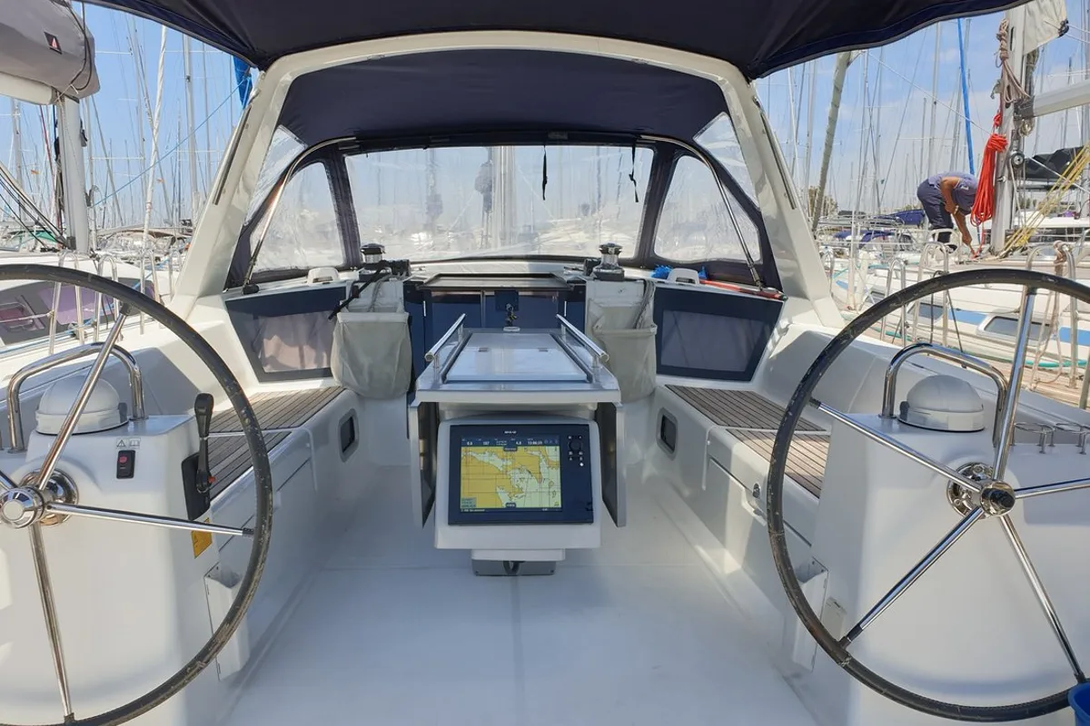Cockpit of Ecstasea, a Beneteau Oceanis 41 sailboat at Athens, Greece