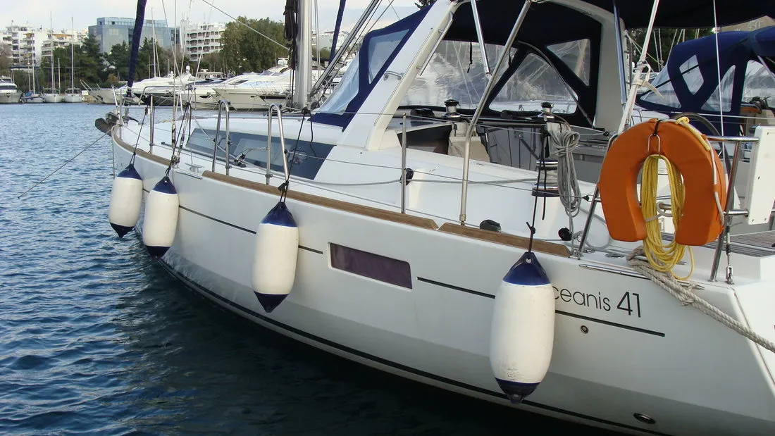 Exterior view of Ecstasea, a Beneteau Oceanis 41 sailboat at Athens, Greece