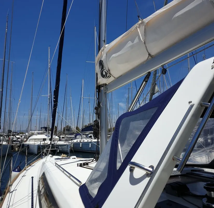 Deck of Ecstasea, a Beneteau Oceanis 41 sailboat at Athens, Greece