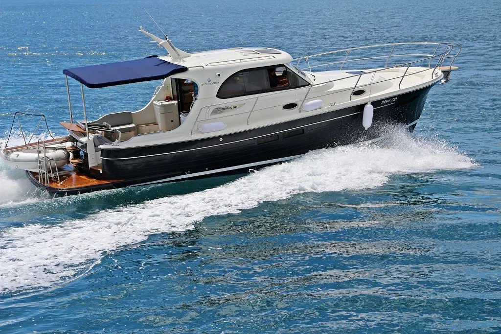Exterior view of Mirta, a SAS - Vektor Adriana 36 motorboat at Općina Sukošan, Croatia