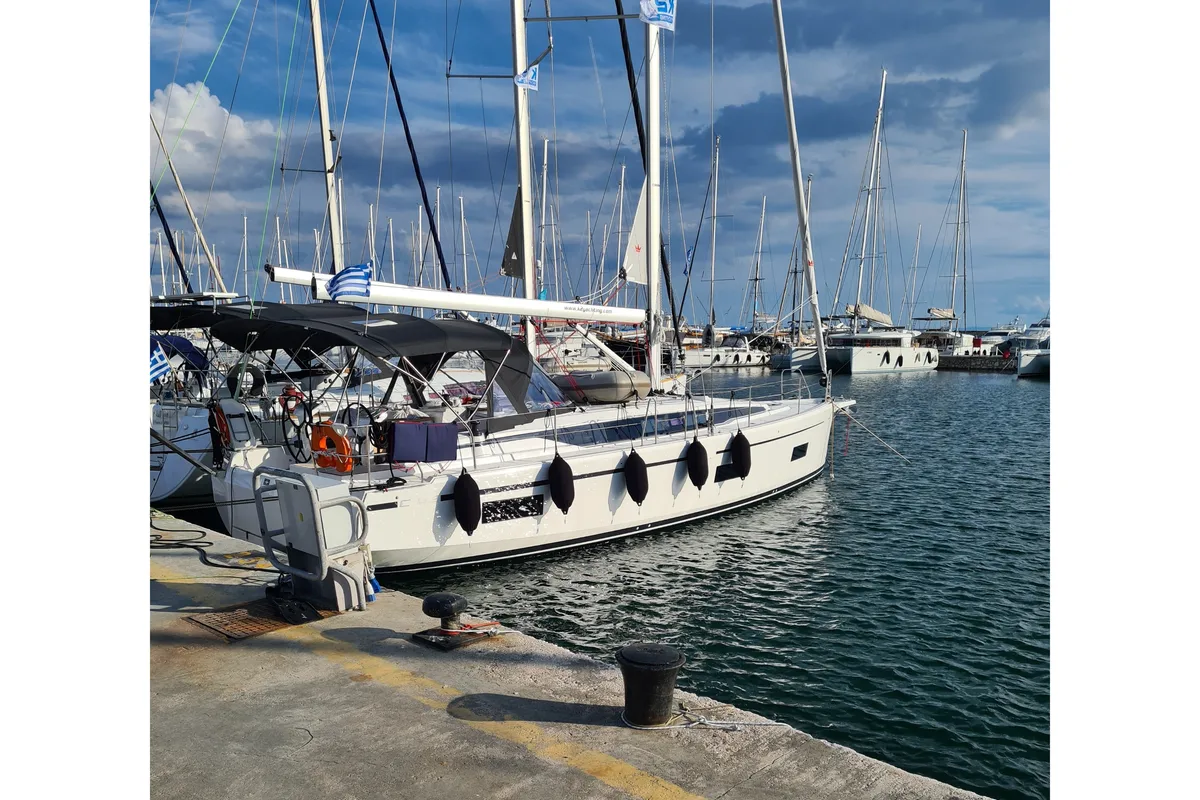 Exterior view of Melia, a Bavaria C42 sailboat at Agios Stefanos, Greece