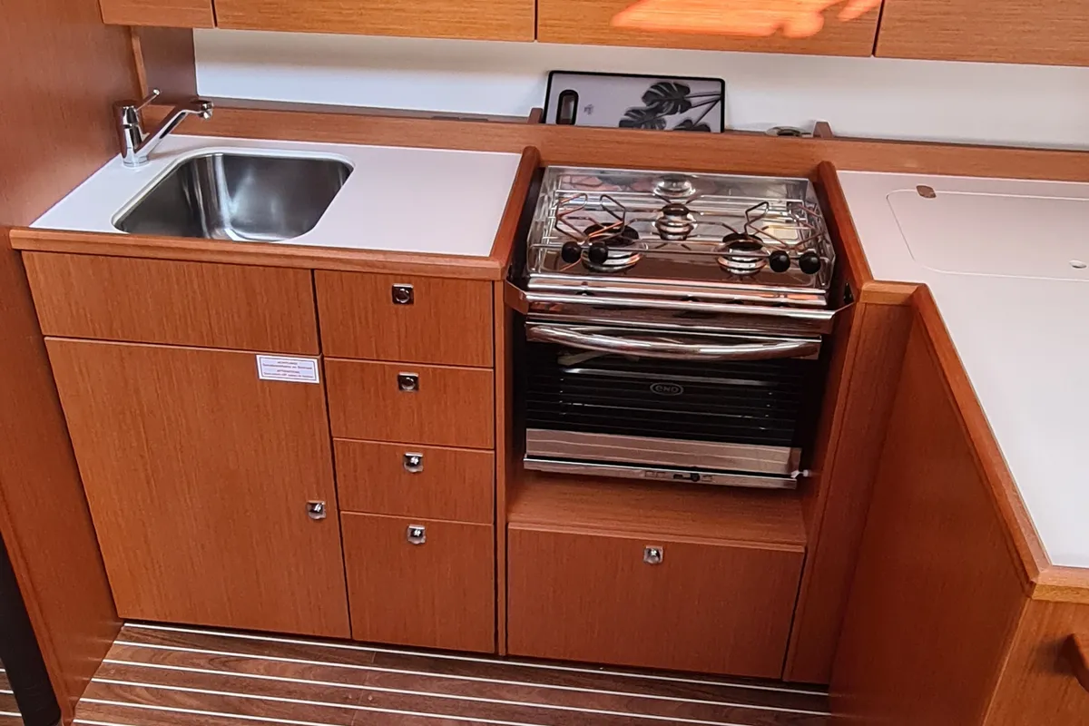 Galley of Melia, a Bavaria C42 sailboat at Agios Stefanos, Greece