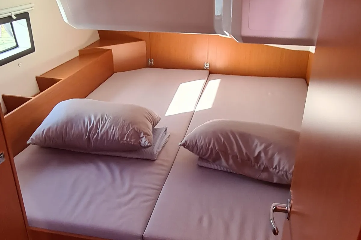 Cabin on Melia, a Bavaria C42 sailboat at Agios Stefanos, Greece