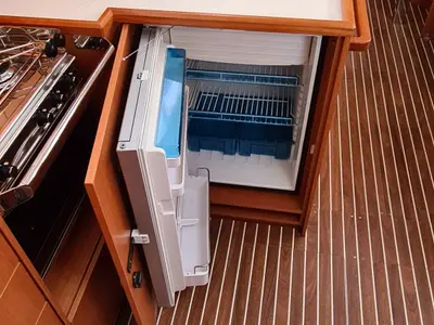 Galley of Melia, a Bavaria C42 sailboat at Agios Stefanos, Greece